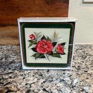 Vintage Pink Roses Floral Coaster Set